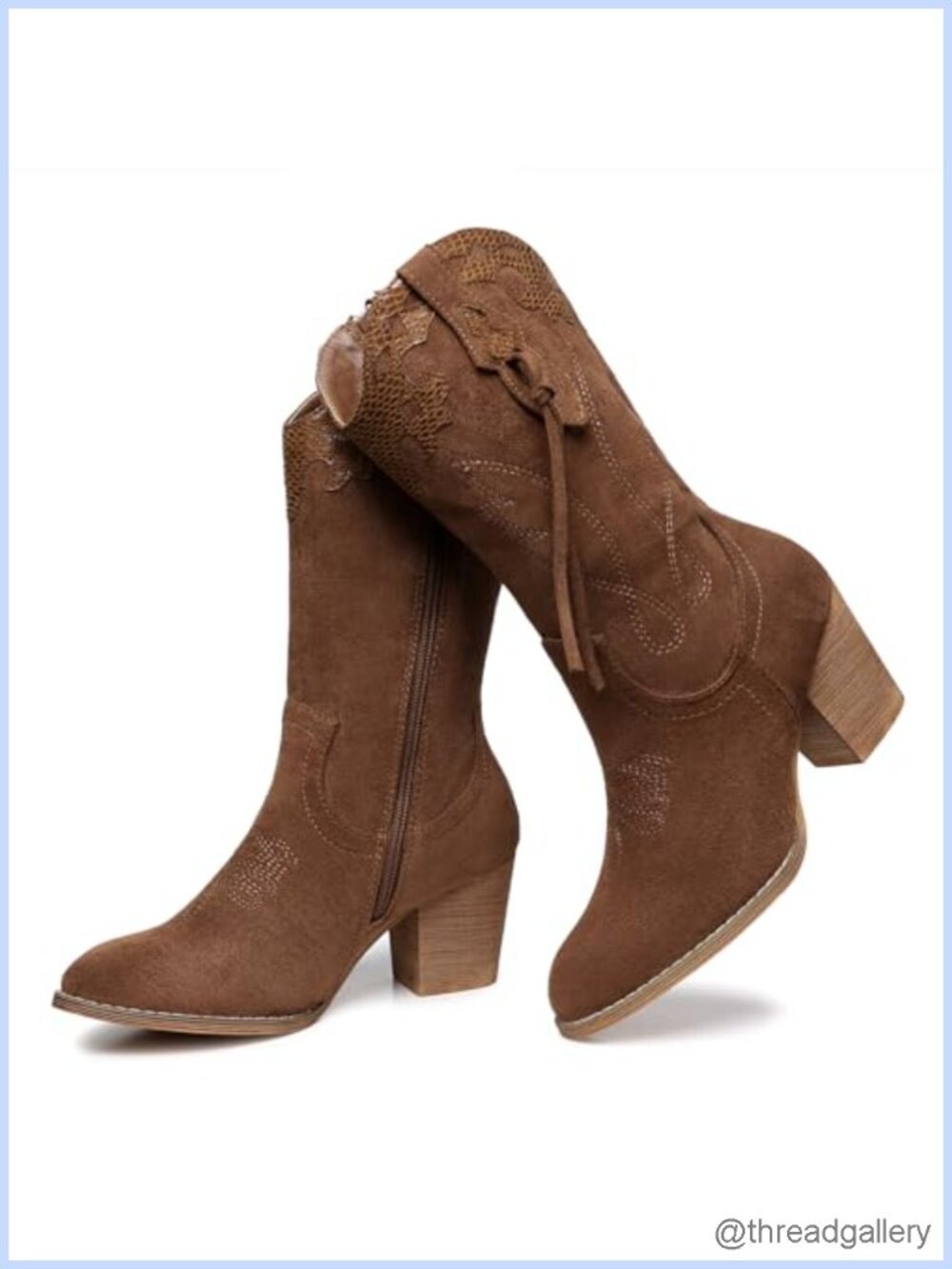 Suede Cowgirl Boots Women Mid Calf Round Toe Block Heel Western